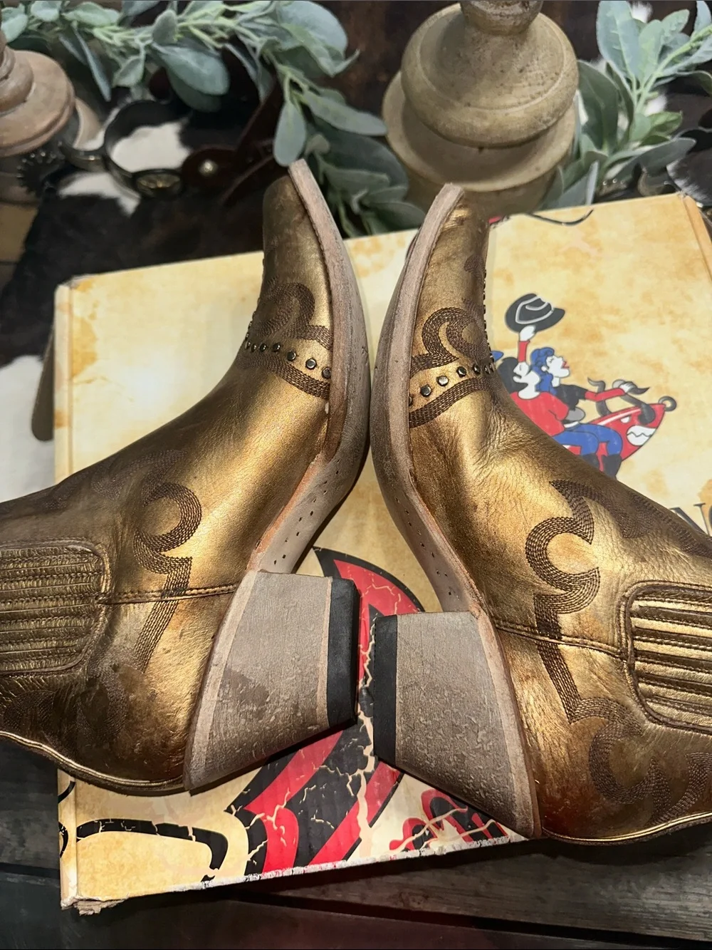 Old Gringo Golden Metallic Western Ankle Boots with Stud Detail